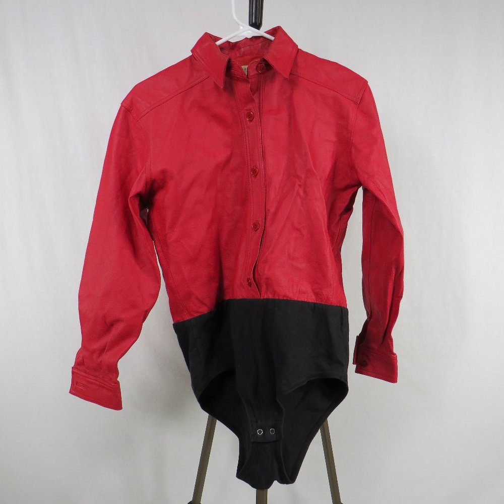 Lew Magram Red Leather Bodysuit Long-Sleeve Shirt